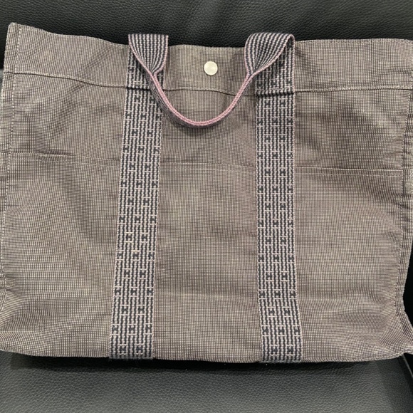 AUTH. HERMES Toile Herline MM Tote Work Book Baby Travel Bag Zipper Closure Gray - Picture 13 of 15